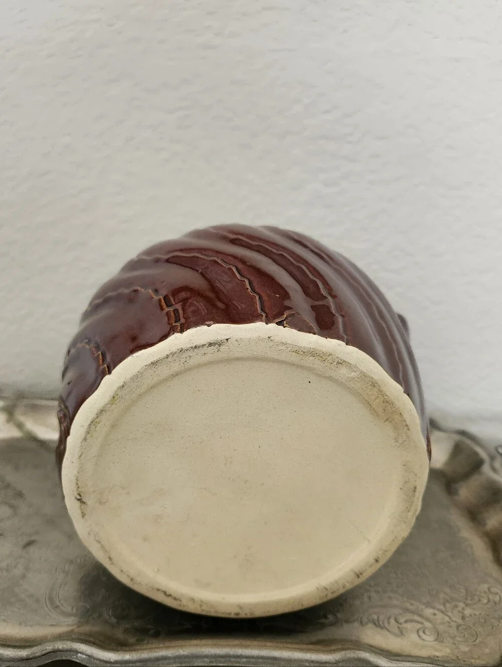 Vintage Brown Swirl Pattern Crock Vase With Handles Glazed